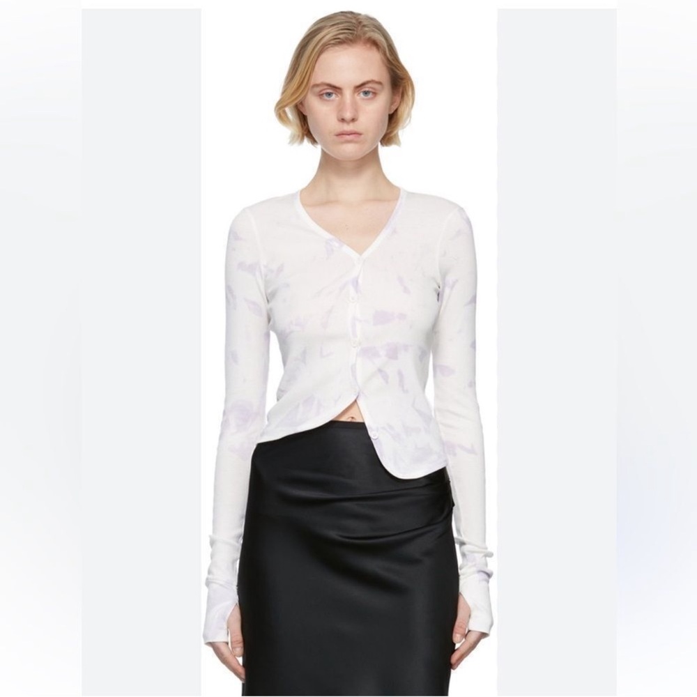 Helmut Lang Cloud Dye Ribbed V-Neck Cardigan Top Pale Petal Gray White Small